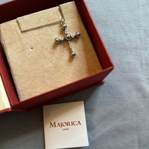 Majorica 1890 925 Sterling Silver Pearl Cross Pendant Necklace New in Box